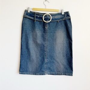 y2k mid-rise stretchy denim knee length skirt with belt